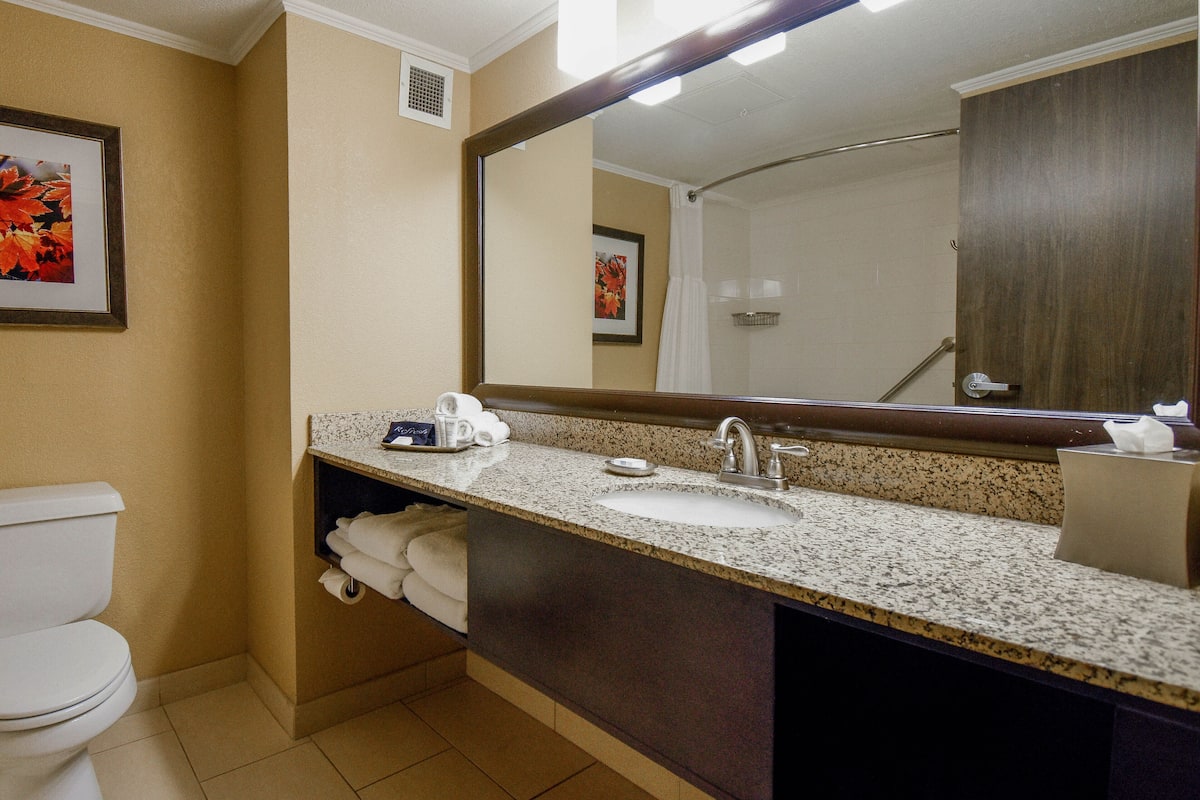 combined shower/bathtub, designer toiletries, hair dryer, towels