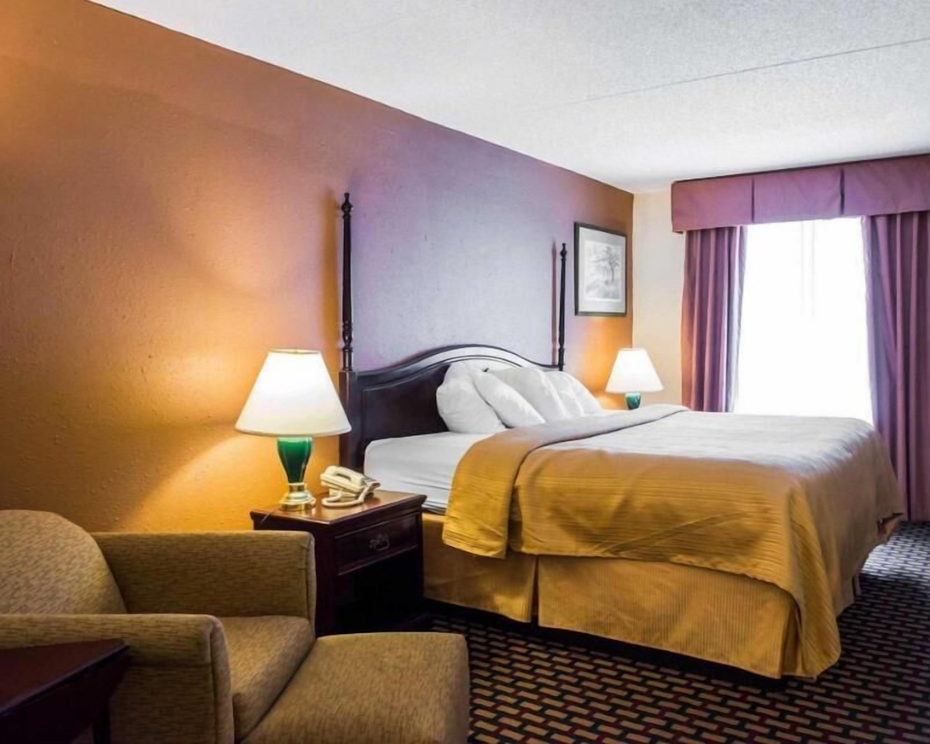 Premium bedding, desk, blackout drapes, iron/ironing board