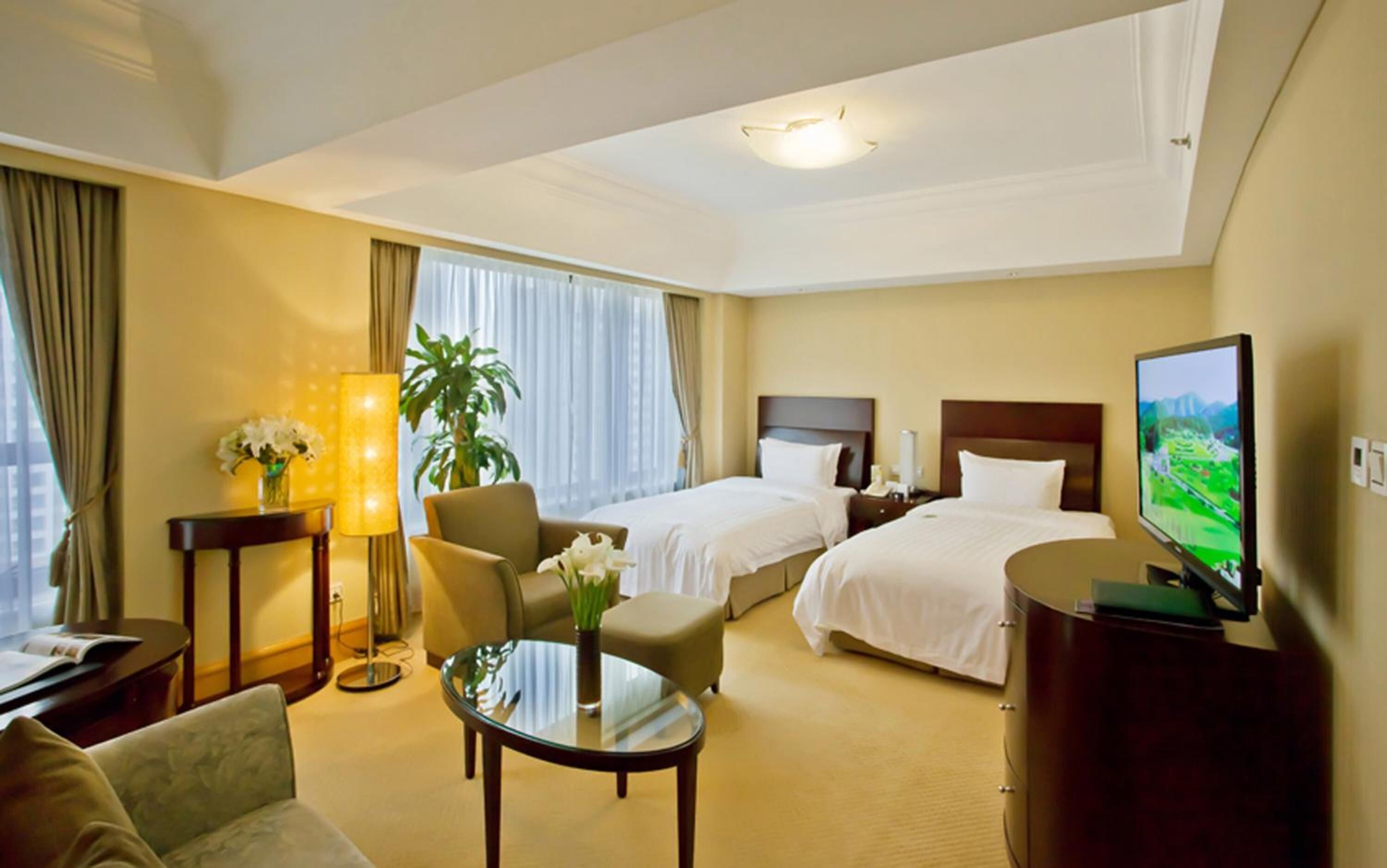 Habitación de hotel con dos camas, televisión, escritorio, silla, lámpara y planta.