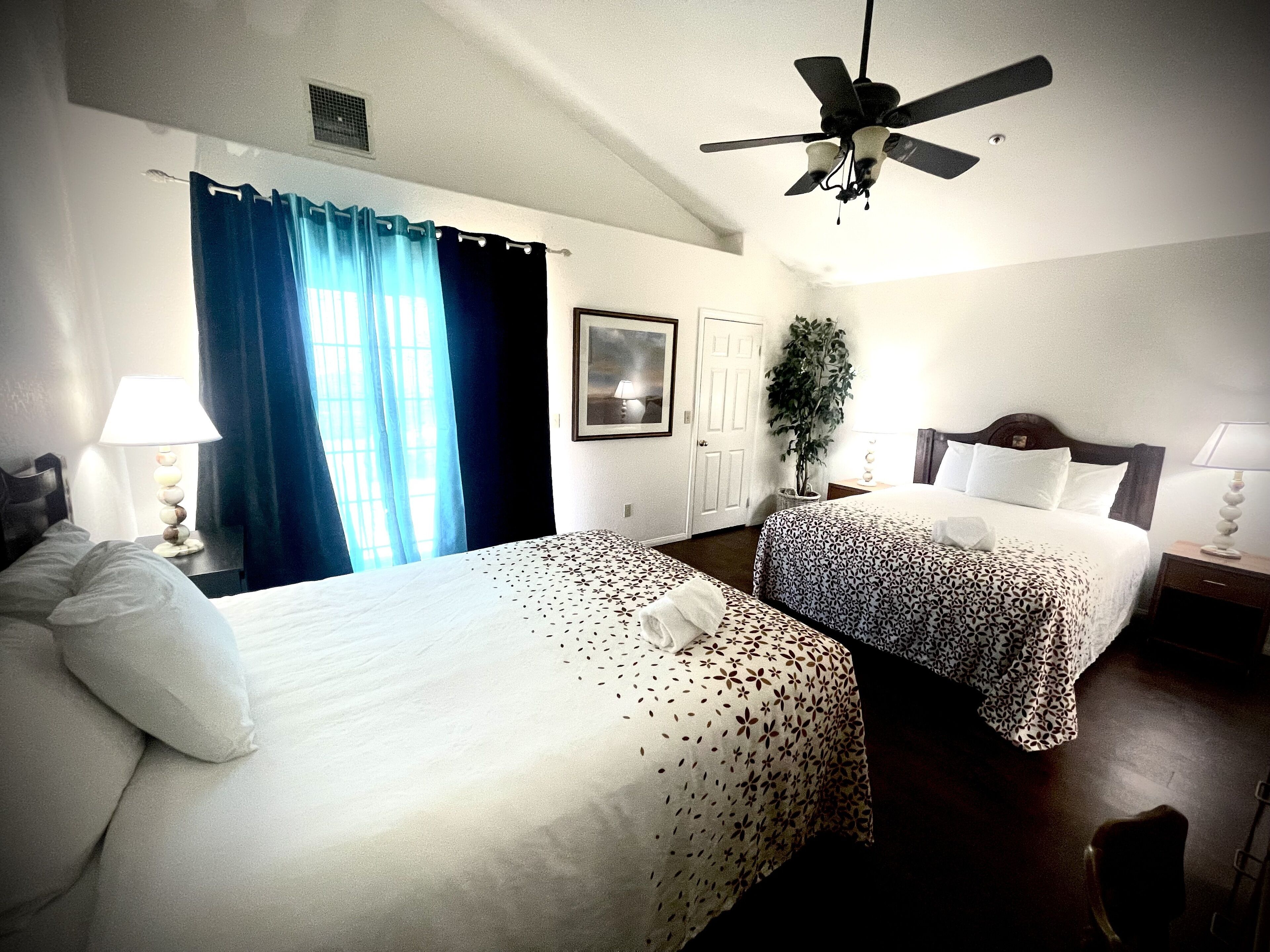 A hotel room with two beds, a ceiling fan, a window with curtains, a plant, and a framed picture on the wall.