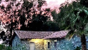 Un edificio de piedra con techo de tejas, rodeado de árboles y plantas de palmera.