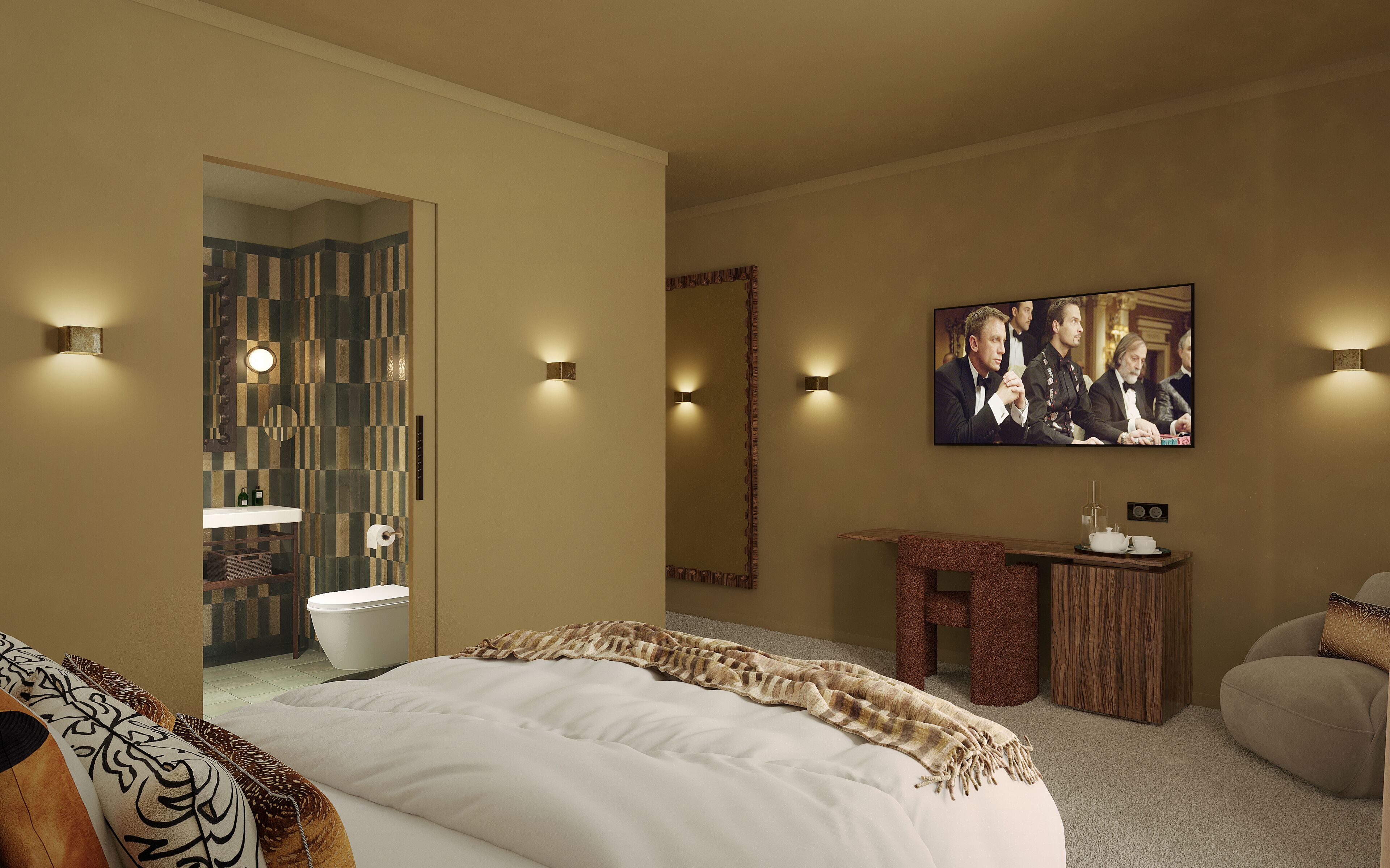 Ein Hotelzimmer mit Bett, Fernseher, Bad und einer Sitzecke.