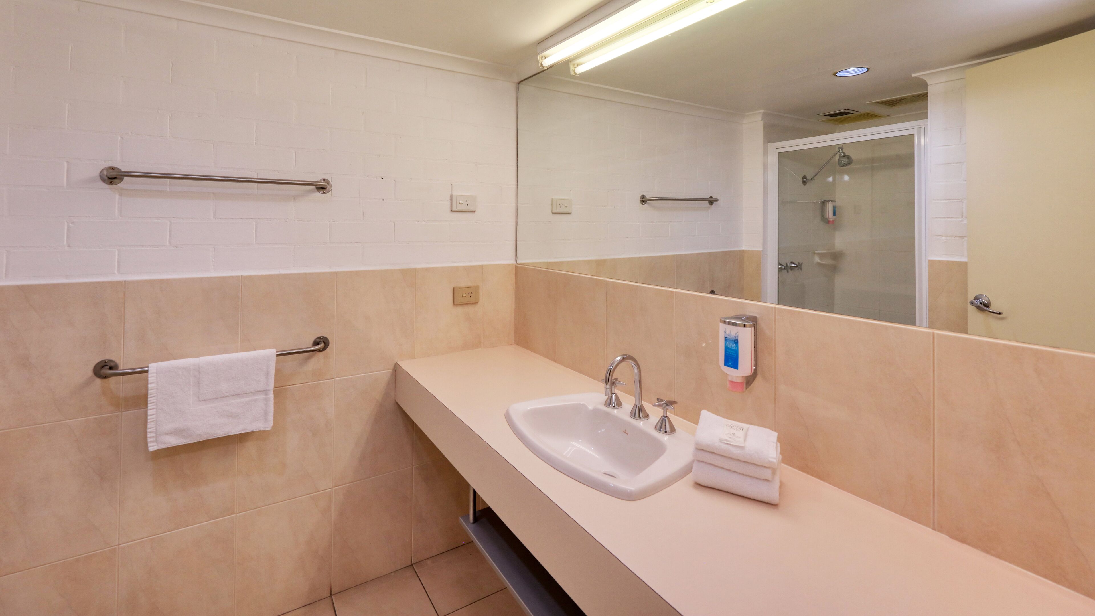 A modern bathroom with a sink, mirror, towel rack, and a glass shower enclosure.