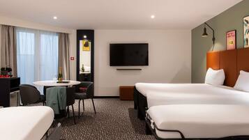 Premium bedding, desk, blackout curtains, soundproofing