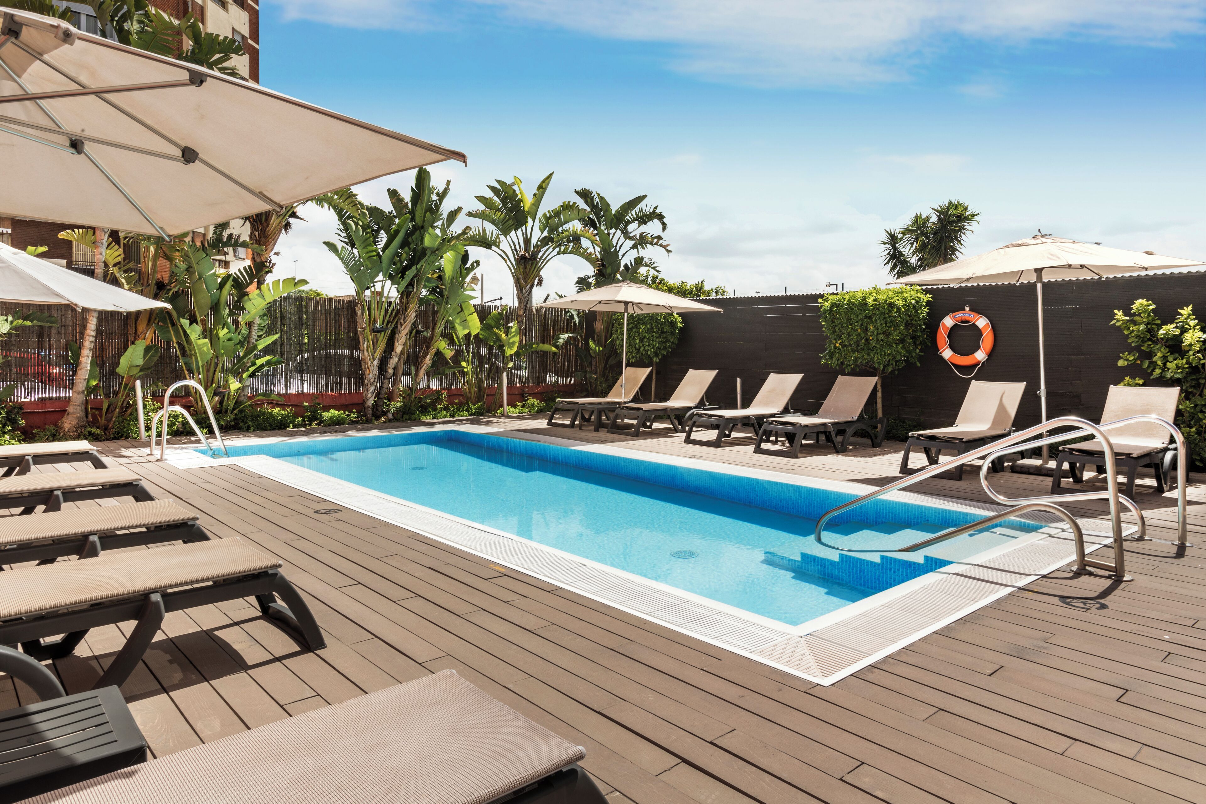 outdoor pool, pool loungers