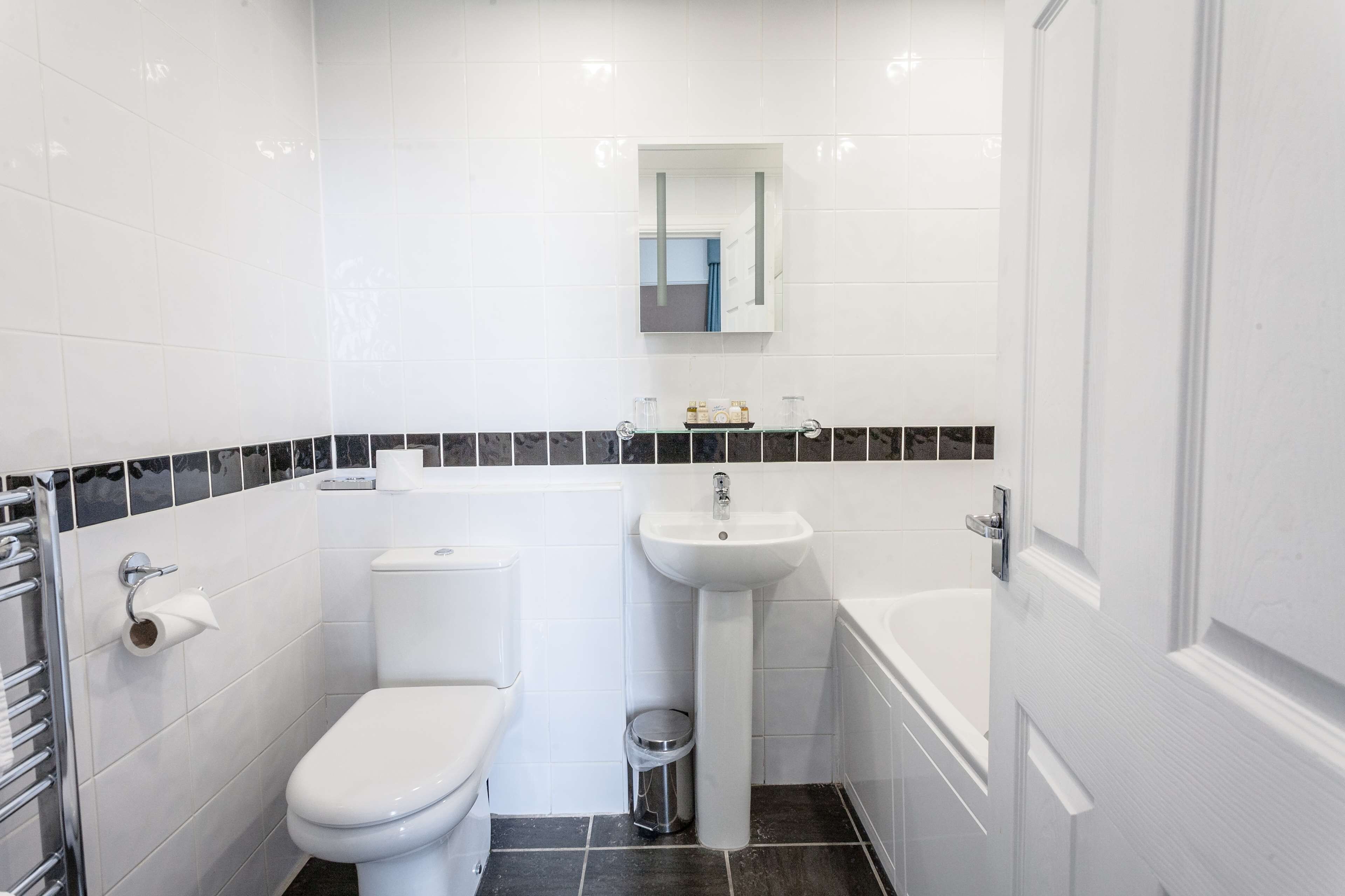 combined shower/bathtub, free toiletries, hair dryer, towels