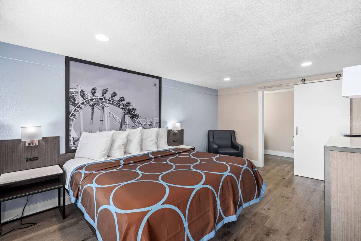 Habitación de hotel con una cama grande, un escritorio, una silla, un armario y una obra de arte en la pared que representa una montaña rusa.