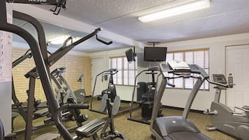 A gym with treadmills, weight machines, and a mirror wall.