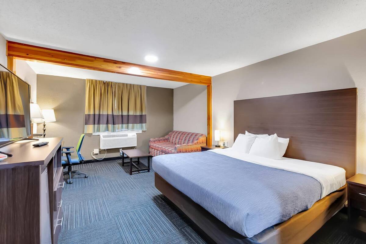 Habitación de hotel con una cama grande, un escritorio, una silla, un sofá y una ventana con cortinas.
