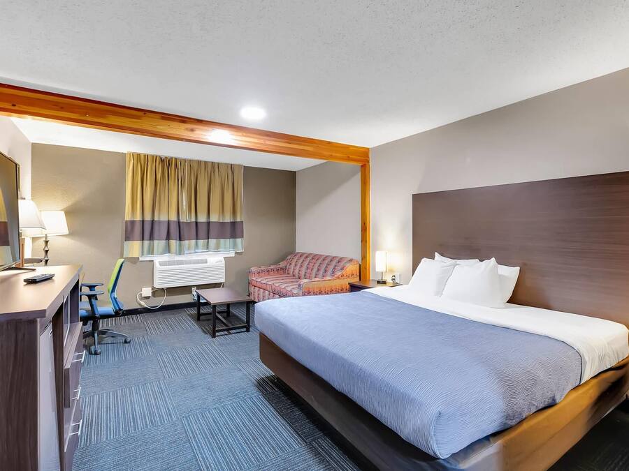 Habitación de hotel con una cama grande, un escritorio, una silla, un sofá y una ventana con cortinas.
