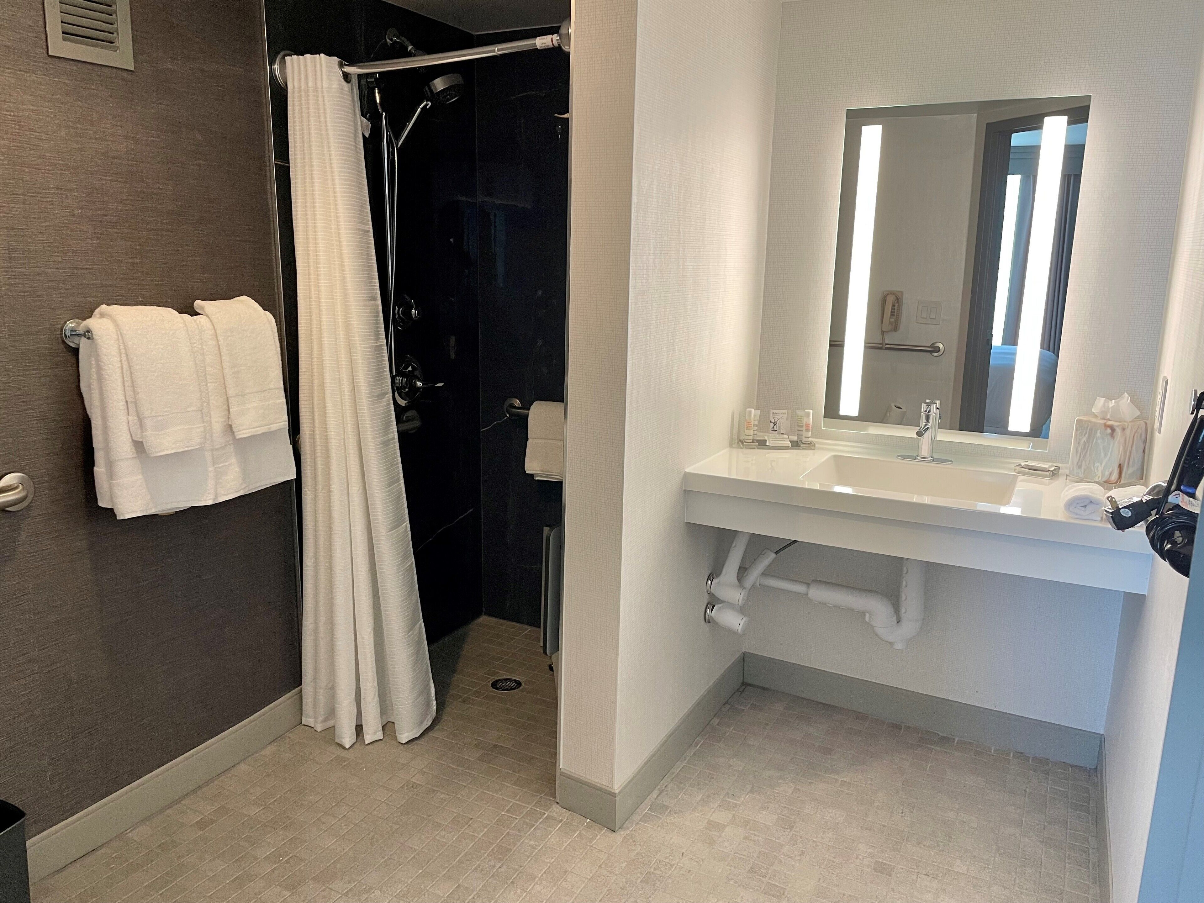 A modern bathroom with a shower, a sink, and a mirror.