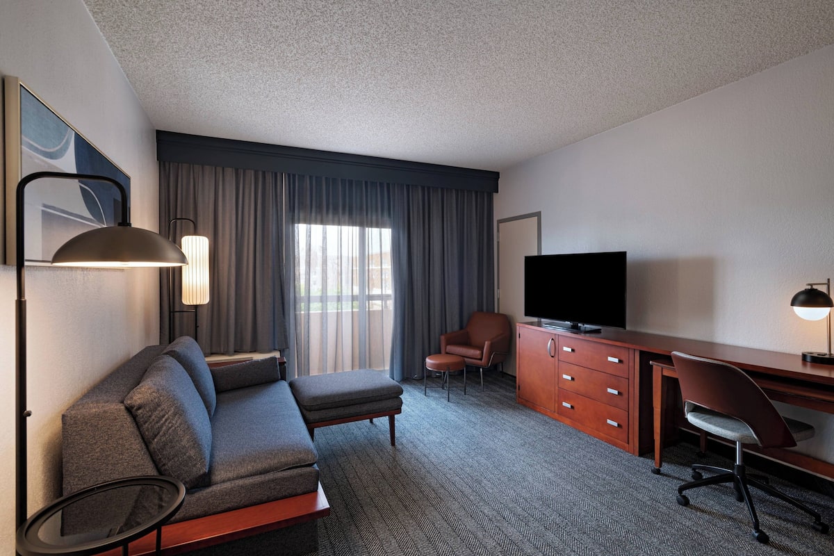 A hotel room with a sofa, a desk, a television, a chair, and a lamp.