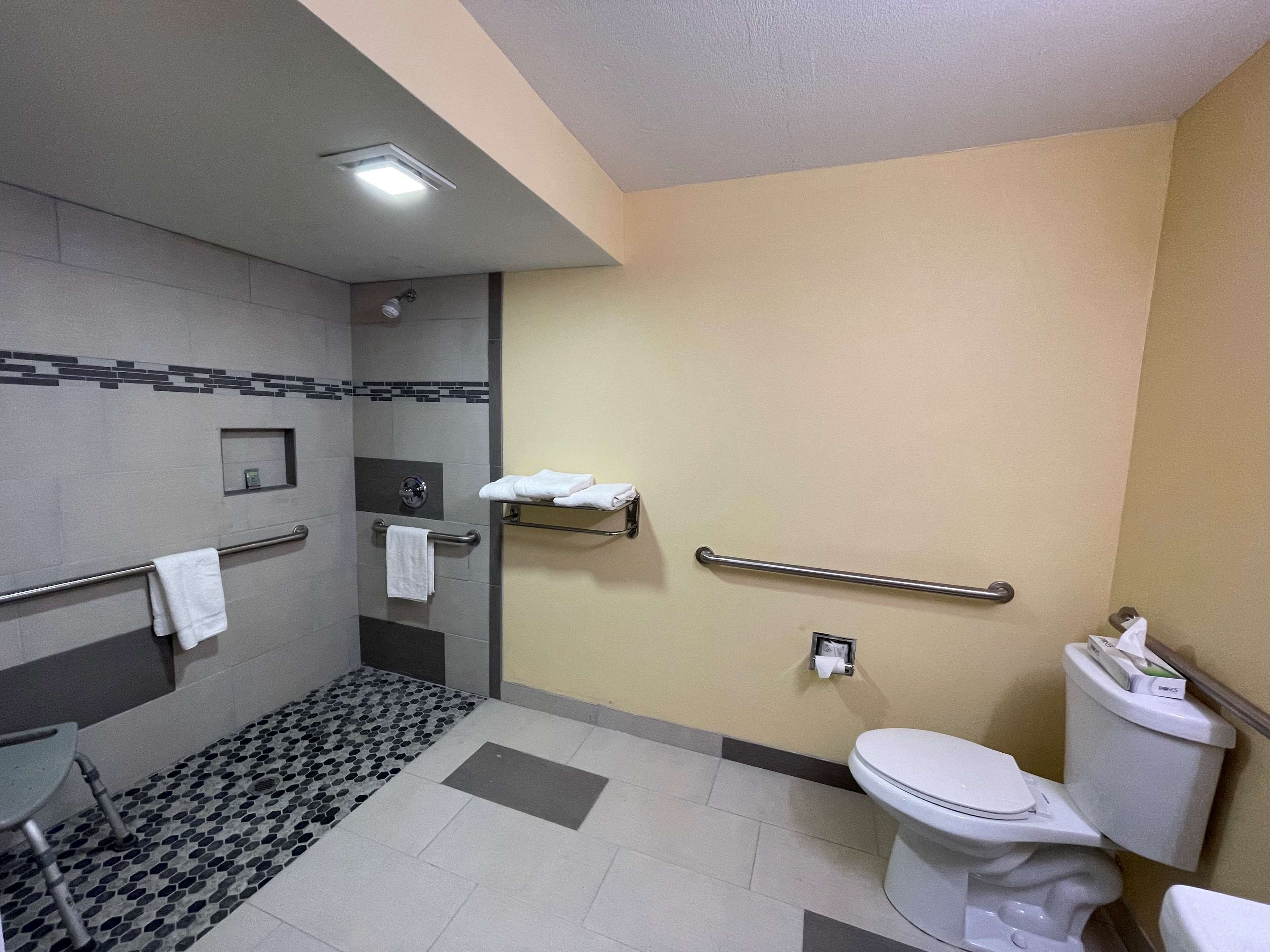 Une salle de bain équipée de toilettes, de barres d’appui, d’un porte-serviettes, d’une petite étagère et d’un sol carrelé.