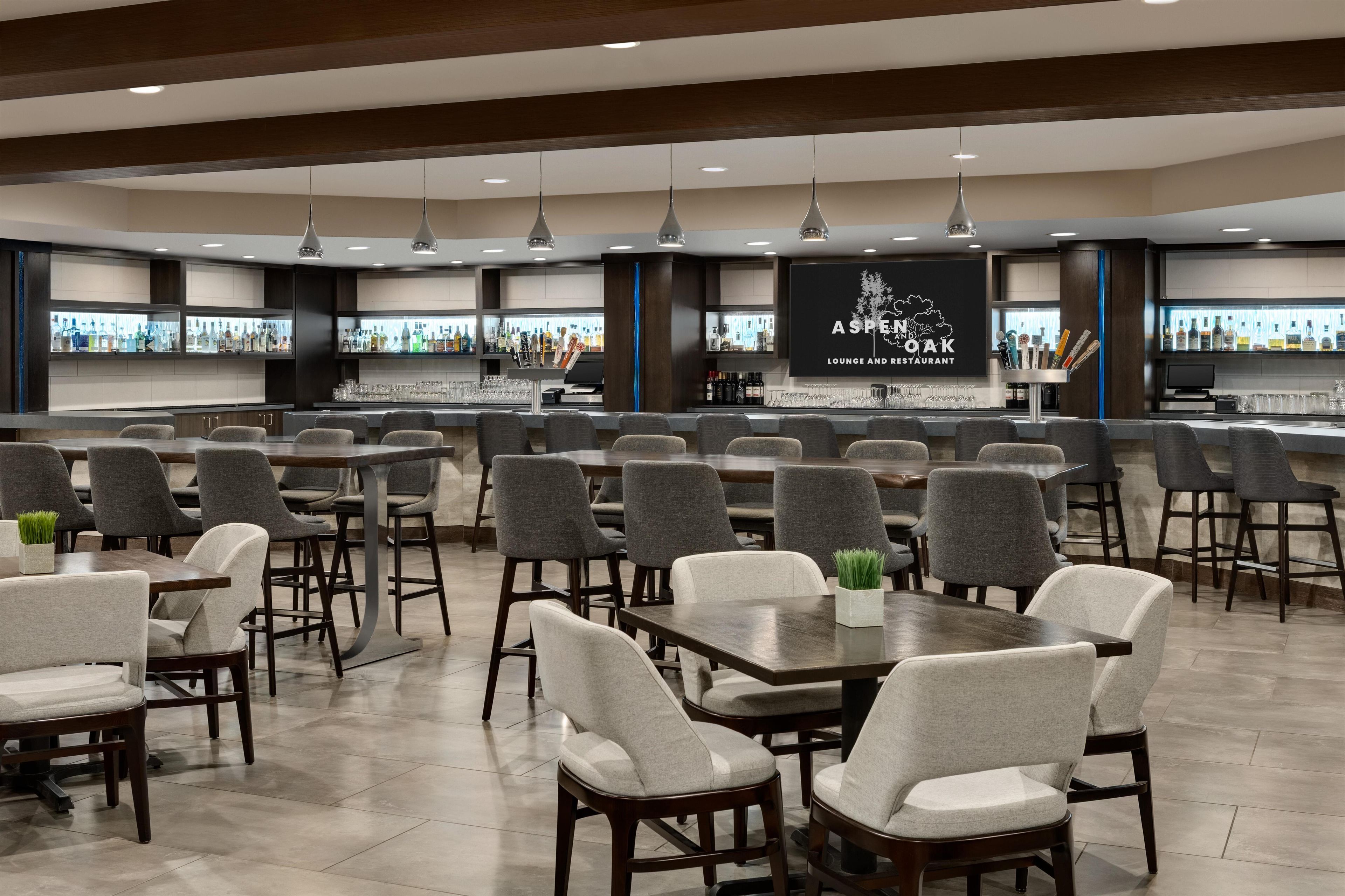 Eine moderne Bar mit verschiedenen Sitzgelegenheiten, einer Theke mit Speisekarte und einer Auswahl an Flaschen und Gläsern.