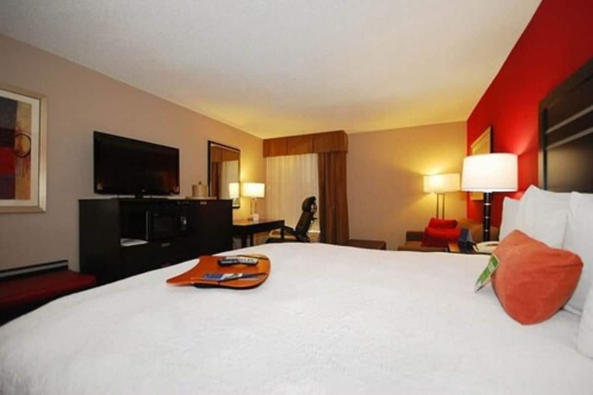 A hotel room with a large bed, a TV, a desk, and a chair.