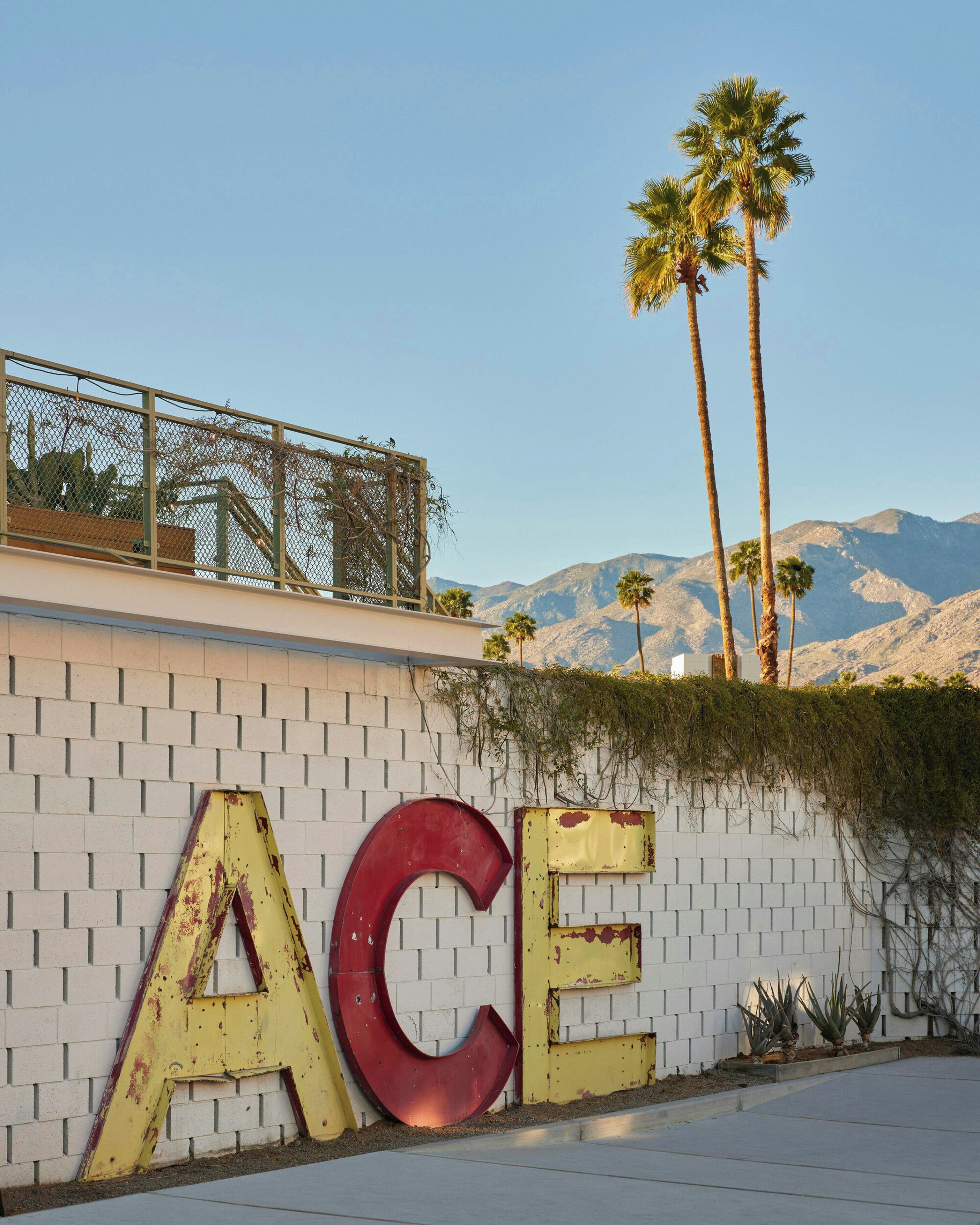 A large outdoor sign with the letters 'ACE' mounted on a brick wall, with palm trees and mountains in the background.