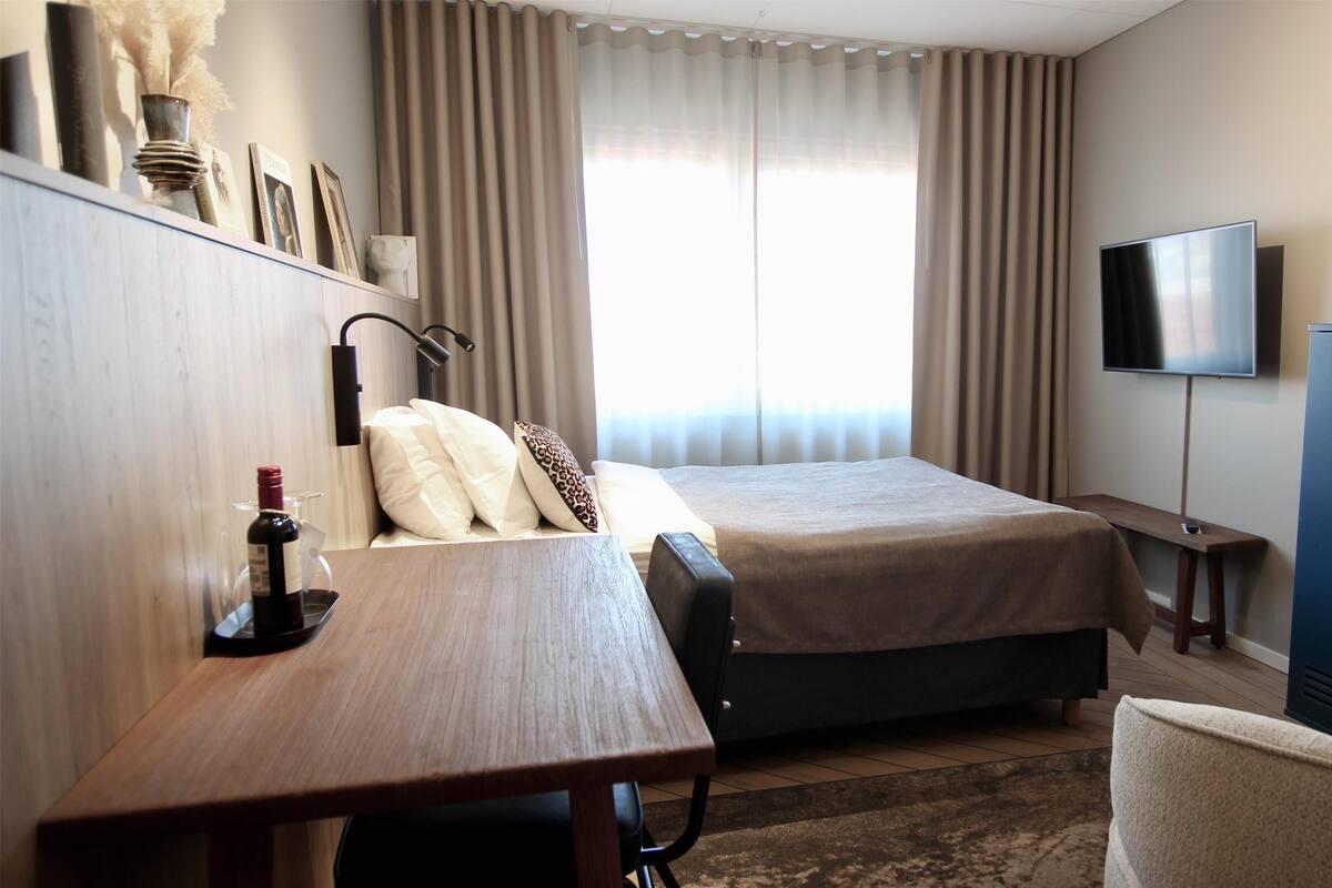 Habitación de hotel con cama, escritorio, silla, televisor y armario.