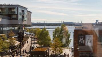 En utsikt över floden med moderna byggnader, ett kafé som heter ”La Vue” och en gångväg för fotgängare.