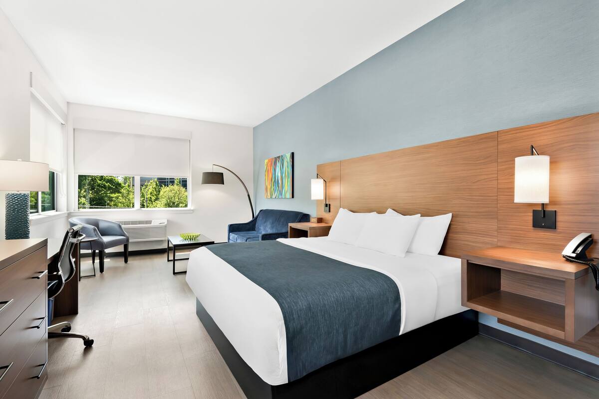 A modern hotel room with a large bed, a desk, a chair, and a view of greenery outside.