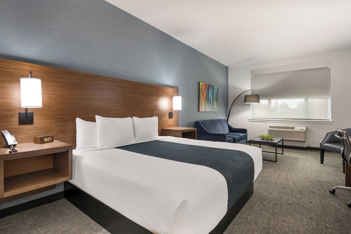 A modern hotel room with a large bed, bedside tables, a desk, a chair, and a window with blinds.