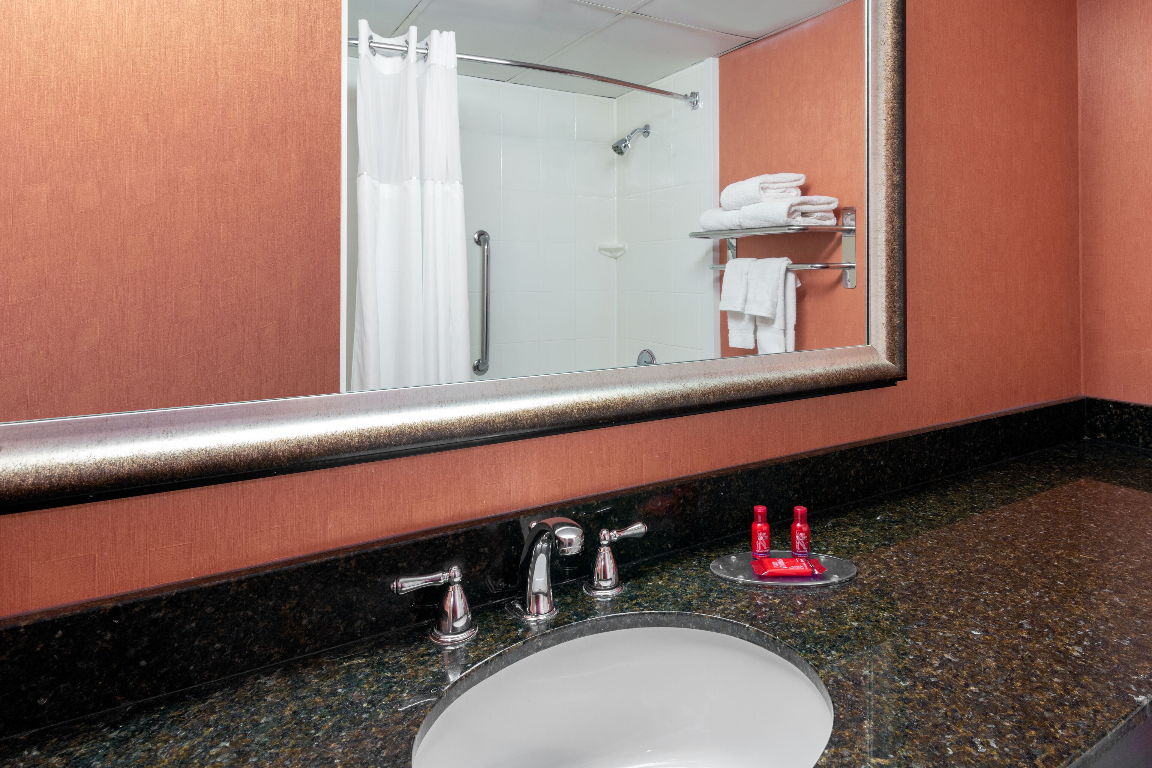 Een badkamer met een grote spiegel, een wastafel met twee kraan en een douchecabine met een glazen deur.