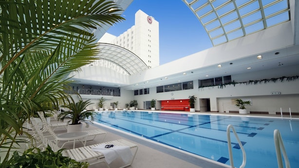 Una piscina interior con varios niveles, sillas de descanso y plantas en macetas.