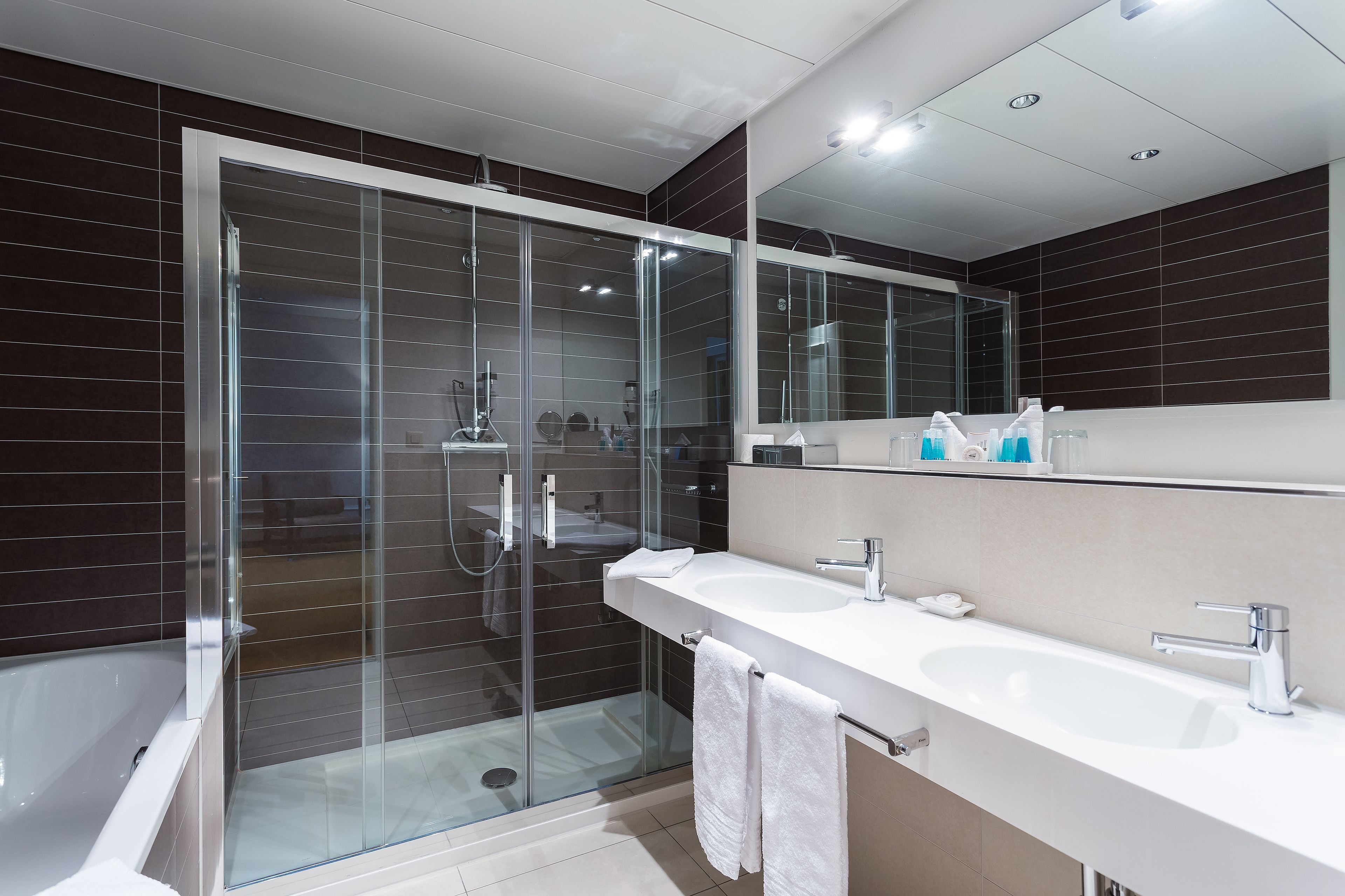 shower, free toiletries, hair dryer, towels