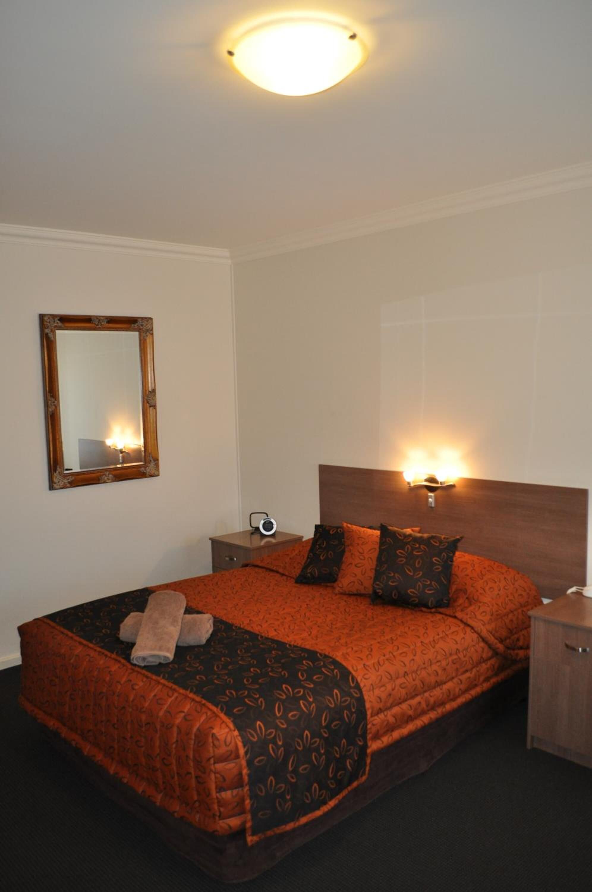 A hotel room with a large bed, a bedside table, a nightstand, a mirror, and a ceiling light.