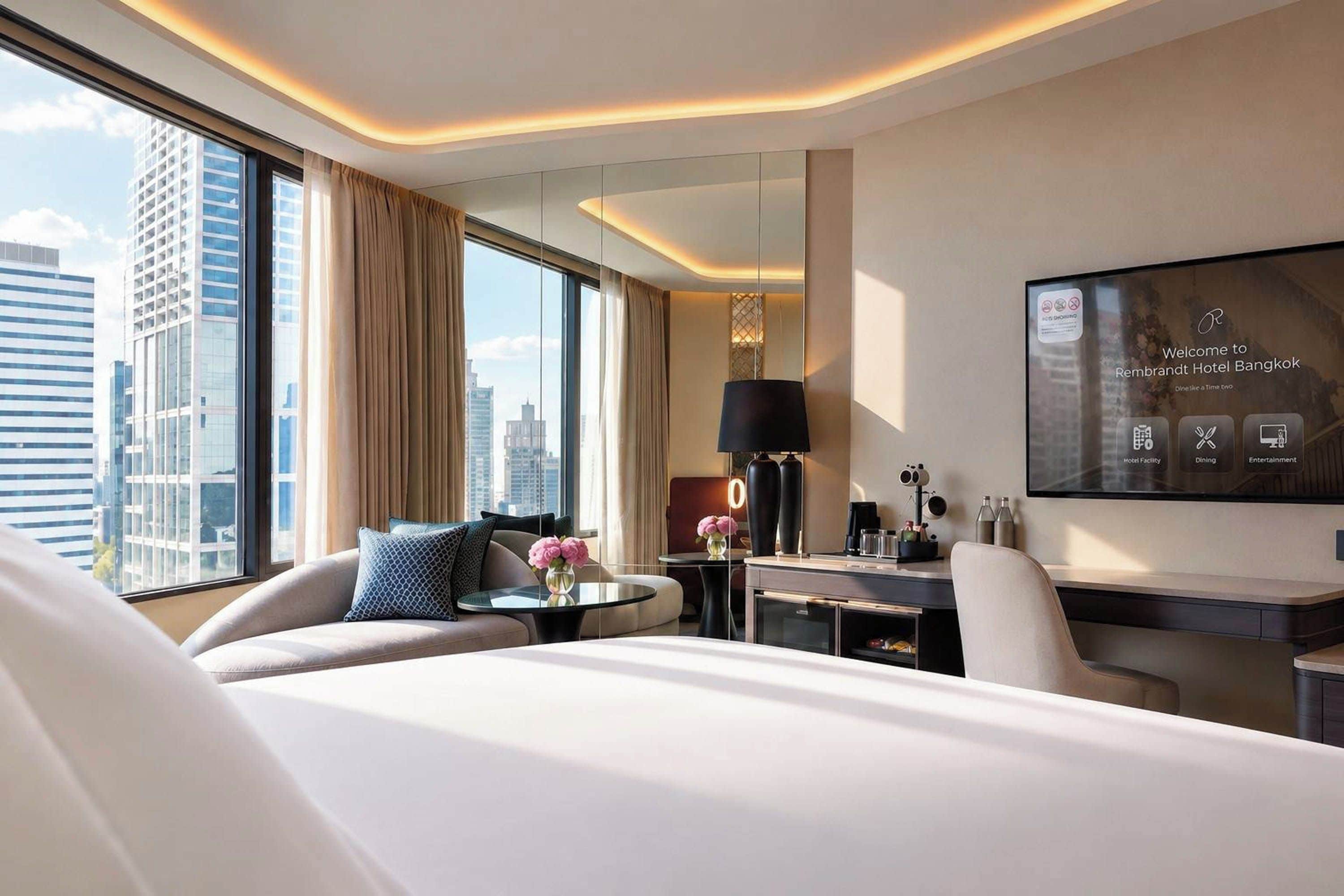 A modern hotel room with a large bed, a desk, a chair, and a TV displaying the hotel's name.