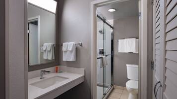 A modern bathroom with a glass shower enclosure, a white sink, and a toilet.