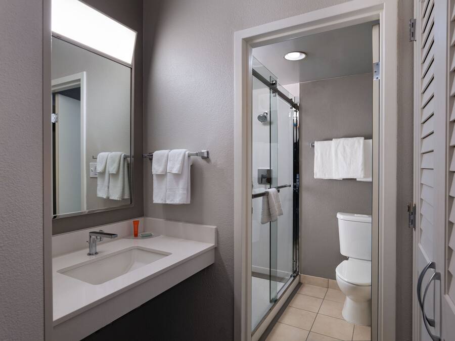 Un baño moderno con cabina de ducha de vidrio, un lavabo blanco y un inodoro.