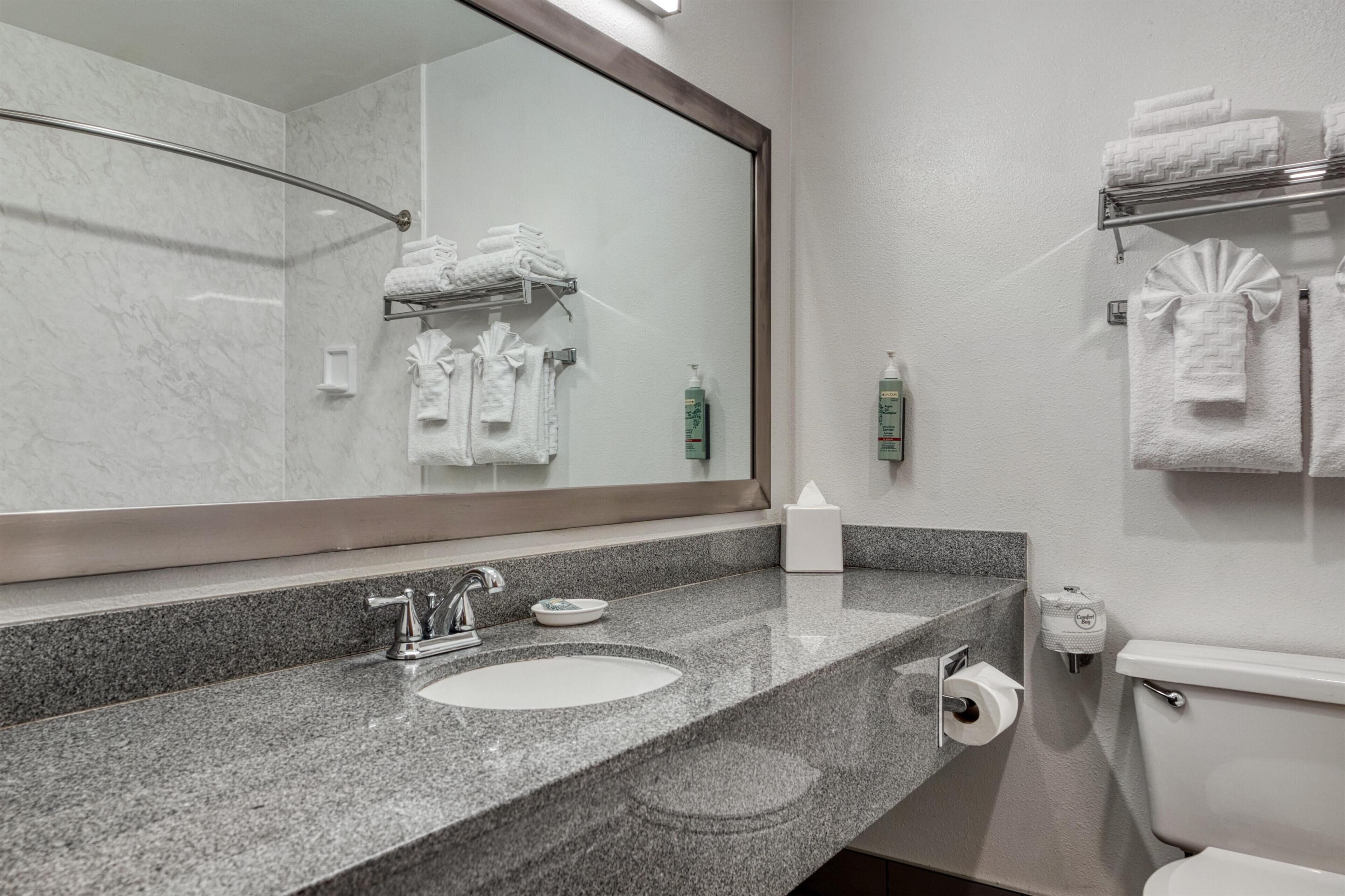 Un baño con encimera de granito, lavamanos, espejo, toallero y retrete.
