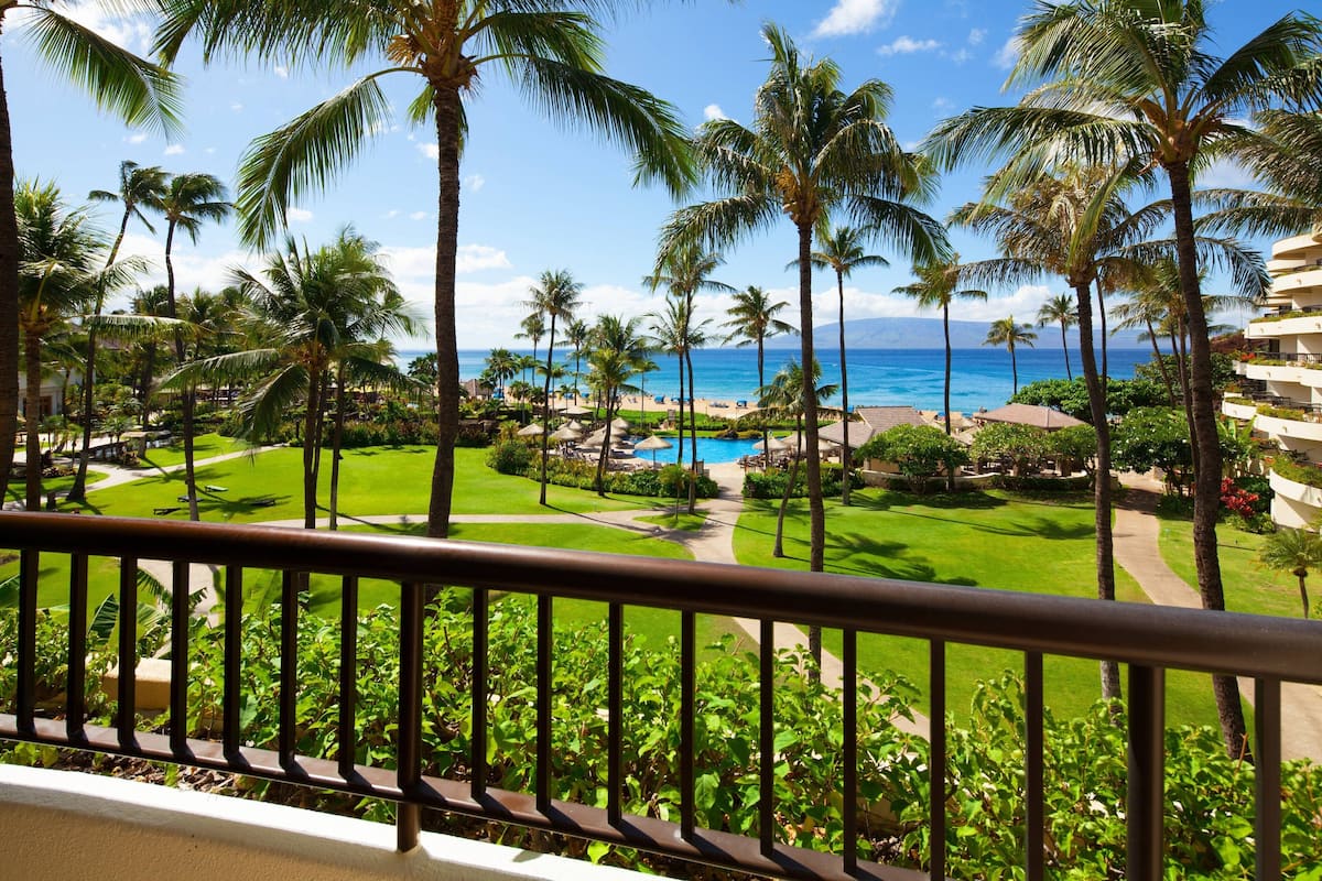 A resort with a pool, palm trees, and a view of the ocean.