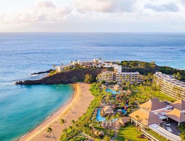 A resort with beachfront, pool, and multiple buildings.