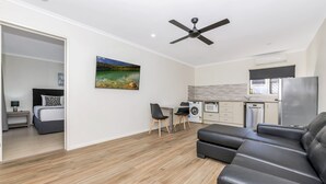 Un apartamento moderno con sala de estar, cocina y un dormitorio.