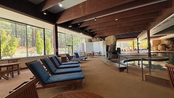 Indoor pool, open 8:00 AM to 8:00 PM, lifeguards on site