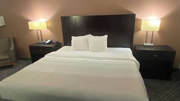 A hotel room with a large bed, two bedside tables with lamps, a chair, and a carpeted floor.