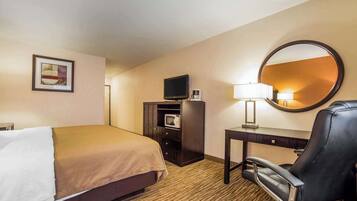 Habitación de hotel con cama, escritorio con silla, televisor, microondas y espejo.