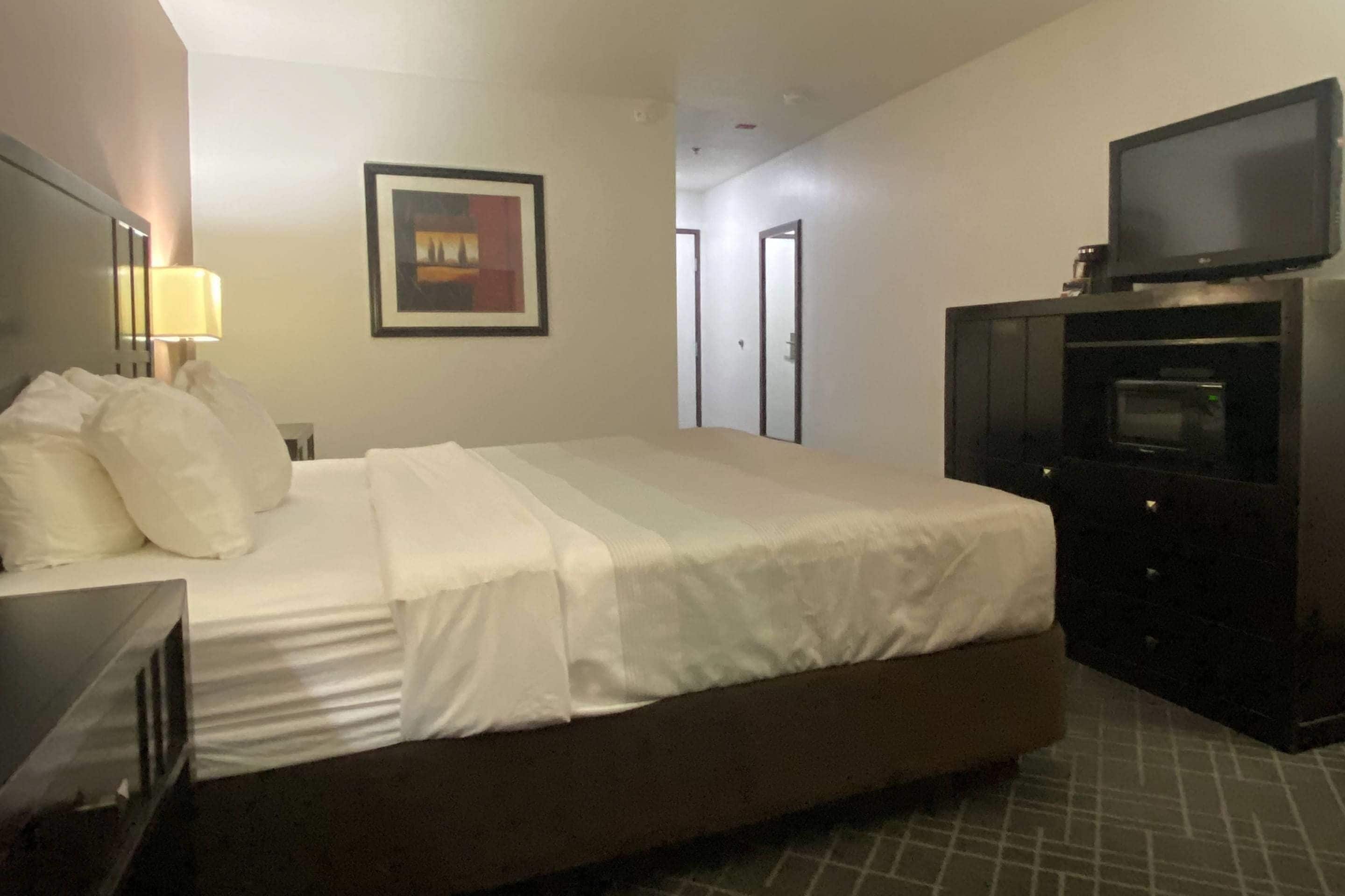 Une chambre d’hôtel avec un lit, une télévision, un bureau et un tableau encadré au mur.