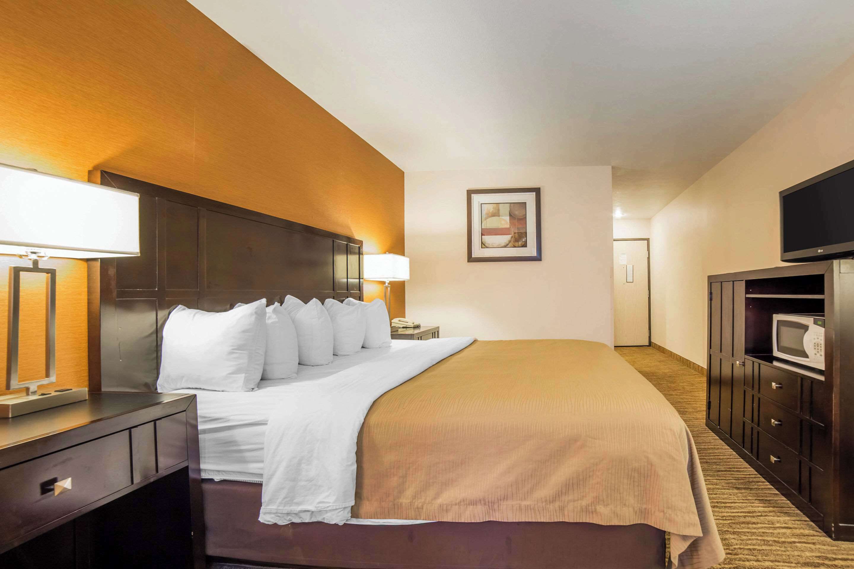 A hotel room with a large bed, a bedside table with a lamp, a TV on a cabinet, and a framed picture on the wall.