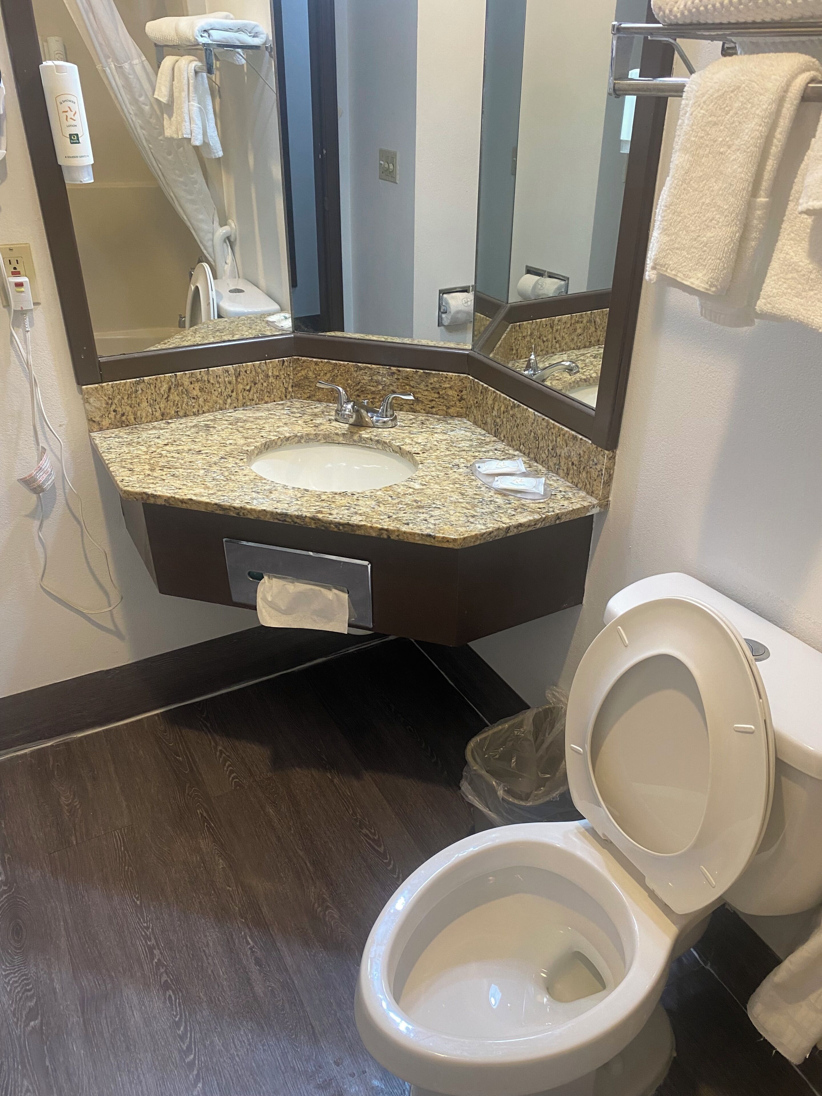 A bathroom with a granite sink, a toilet, and a shower area.