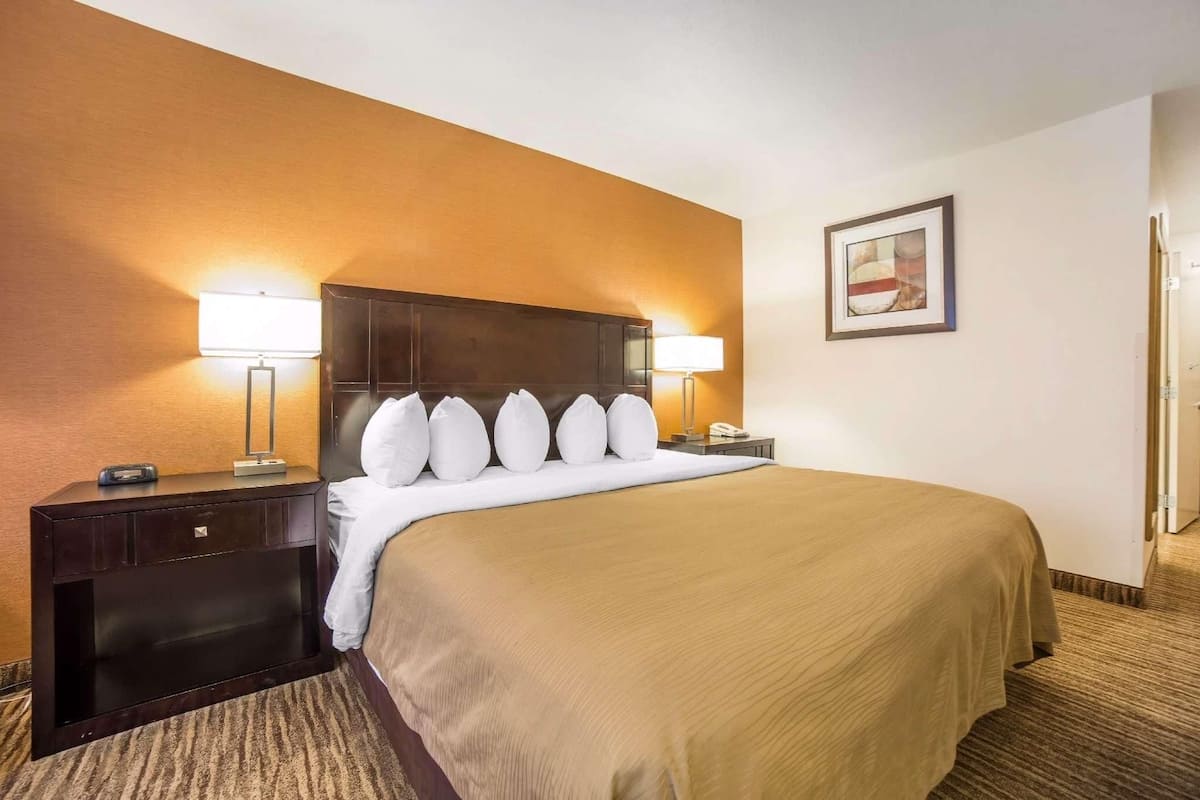 Una habitación de hotel con una cama grande, dos lámparas de noche, una mesita de noche y un cuadro enmarcado en la pared.