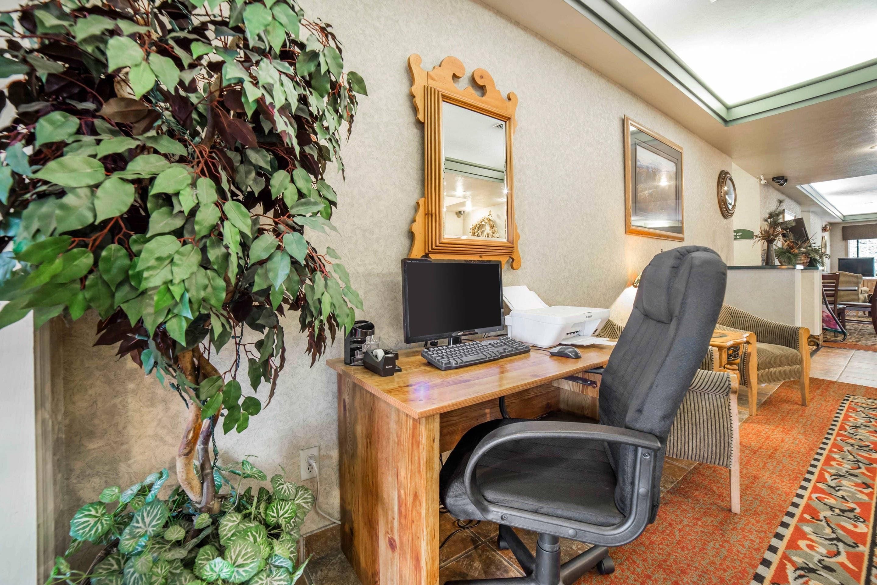 A home office with a wooden desk, a computer, and a chair. There is a large mirror on the wall and a plant on the left.
