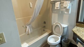 A bathroom with a shower, toilet, and a towel rack.