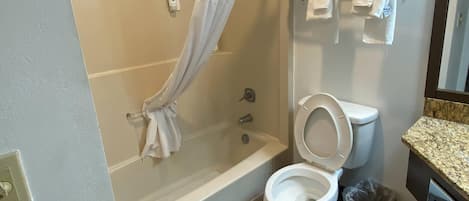A bathroom with a shower, toilet, and a towel rack.
