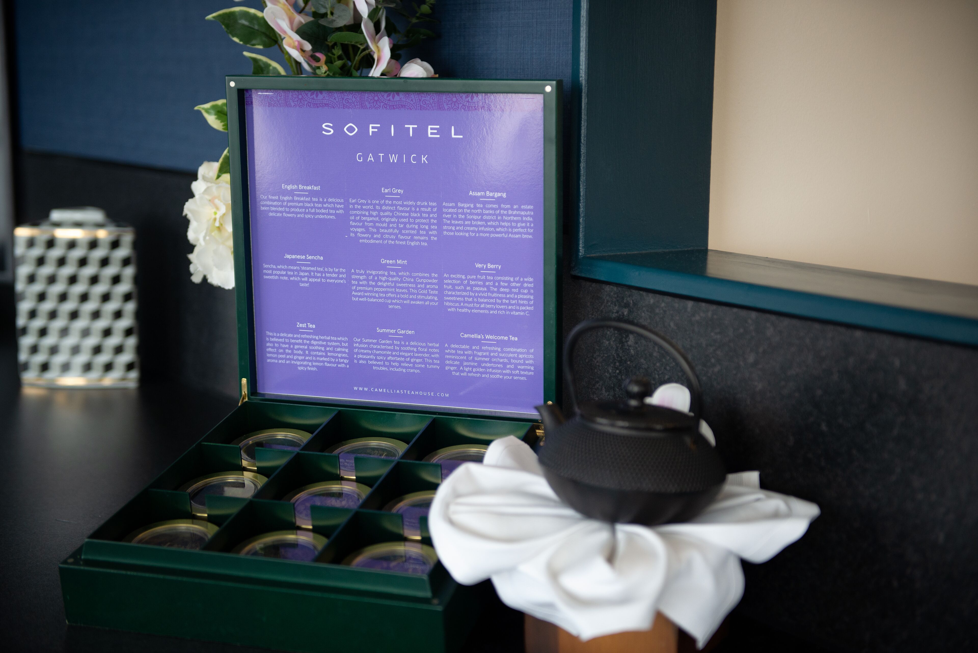 A display of Sofitel Gatwick's English Breakfast tea, with a menu detailing various tea options.