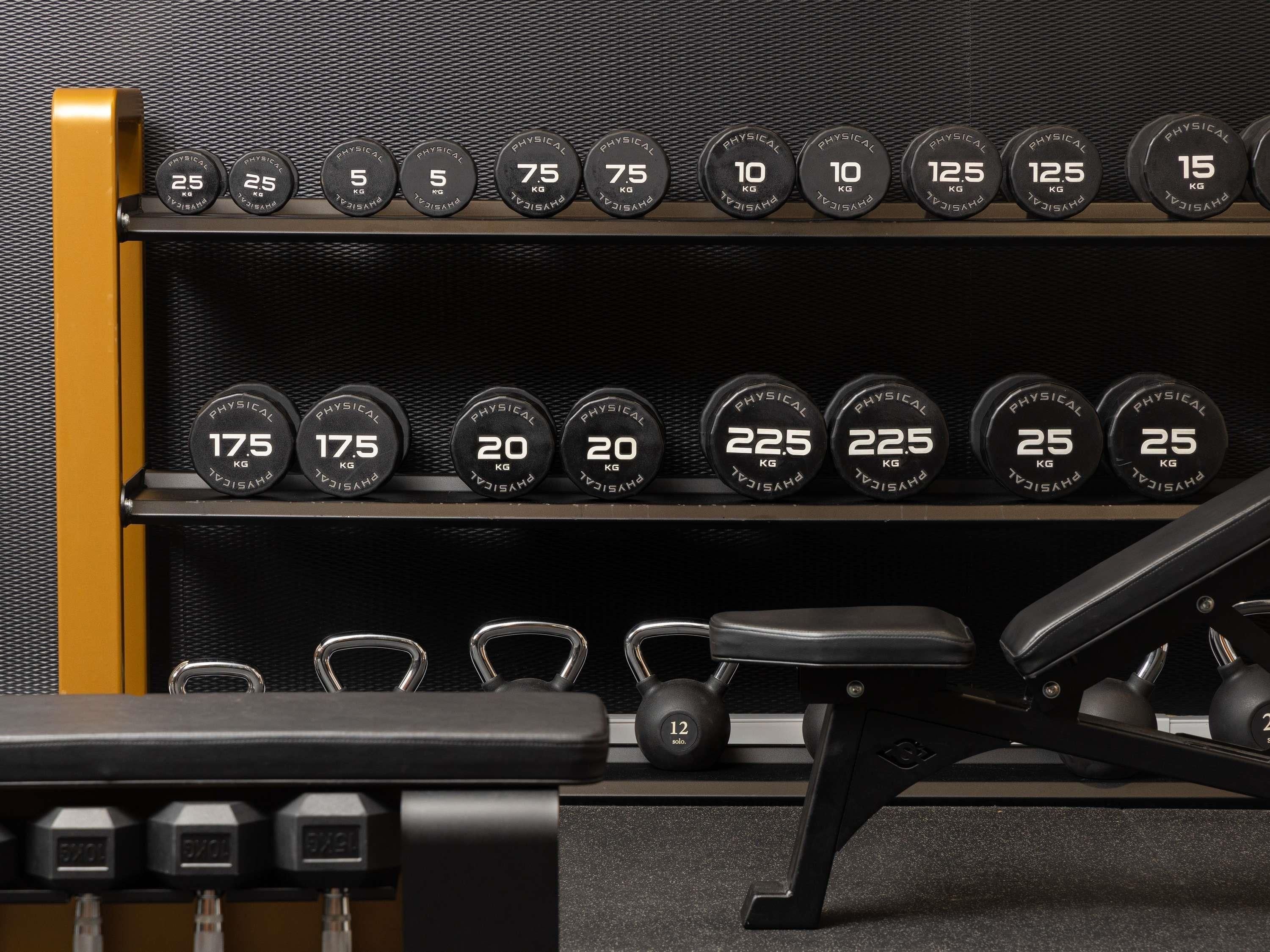 Une salle de sport équipée de poids et d’haltères rangés sur des supports.