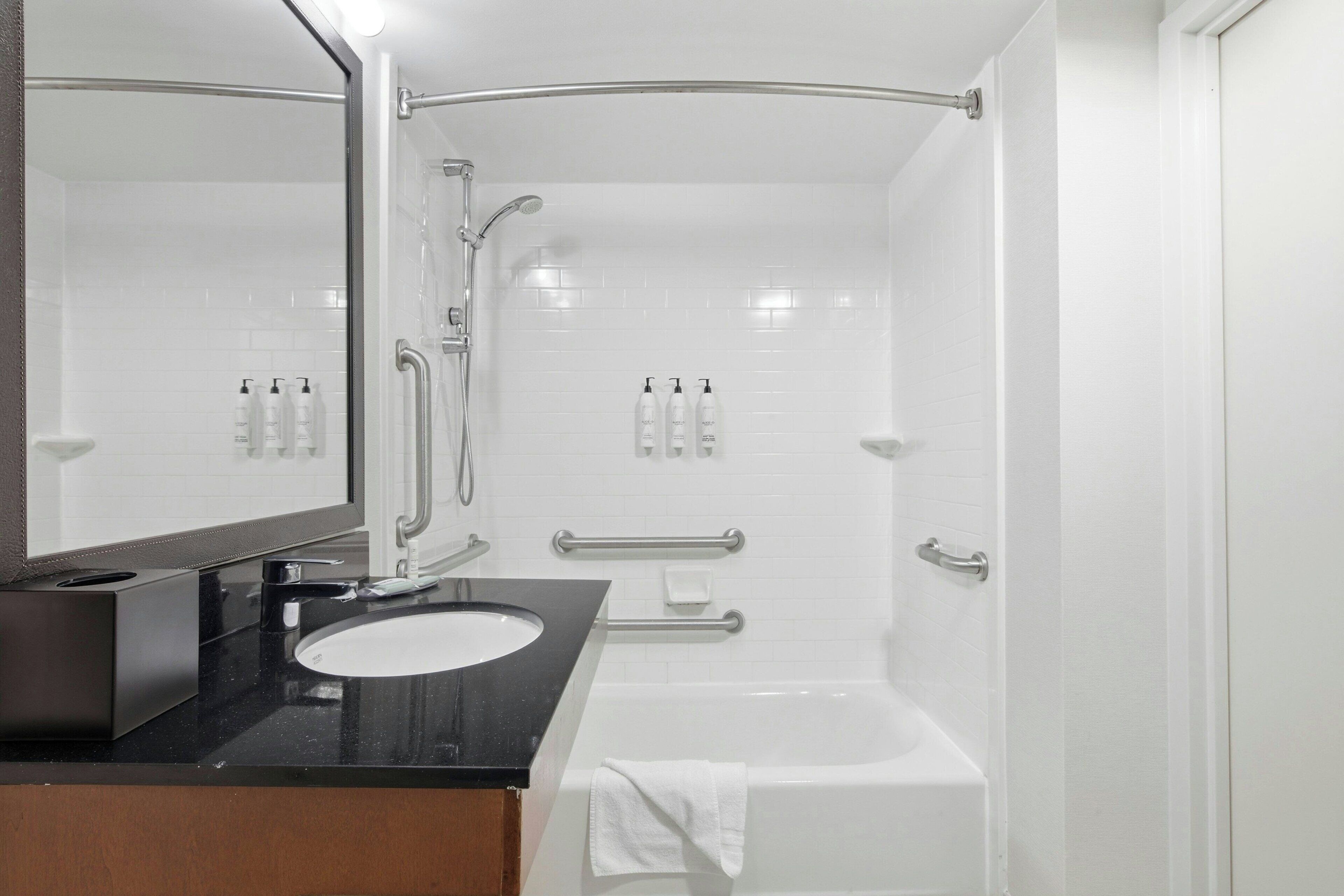 Une salle de bain moderne avec un lavabo sur un plan de toilette noir, un grand miroir, une douche à parois de verre et une baignoire blanche.