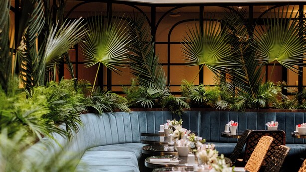 Un restaurante con un sofá azul curvo, mesas redondas y plantas verdes.