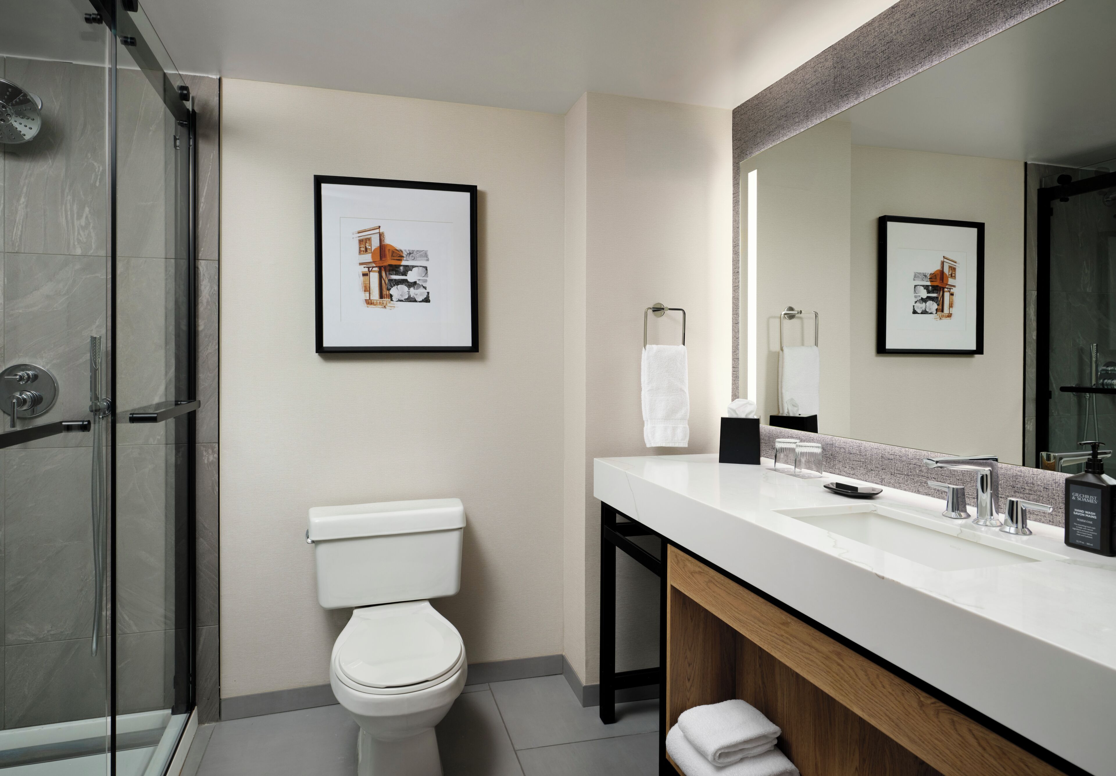 Un baño moderno con inodoro, ducha, lavabo con espejo y cuadros enmarcados en la pared.